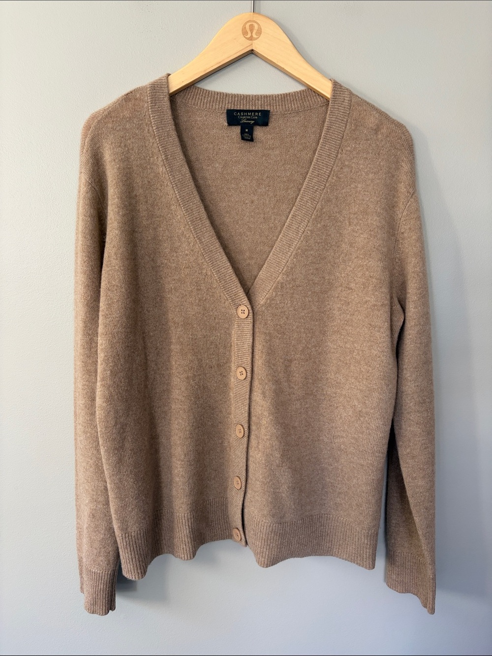 Charter Club Cashmere Cardigan Sweater Tan Brown Medium Grandpa Minimalist